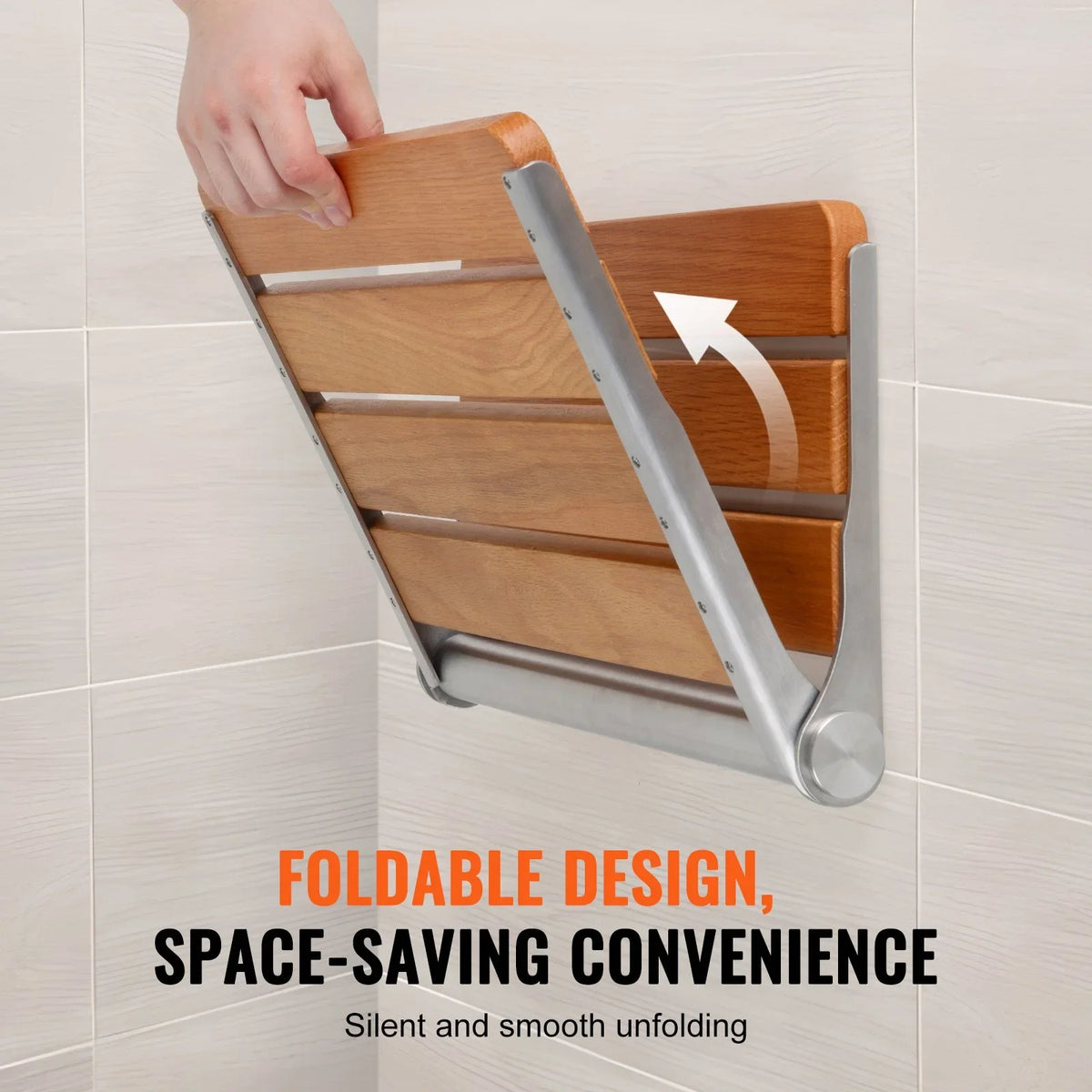 VEVOR Folding Oak Shower Seat, 16.1" x 13.4" Unfolded, Wall Mounted Fold Up Shower Bench with 440 lbs Load Capacity, Space Saving Home Care Fold Down Shower Chair, for Seniors Pregnant Women Children - View 3