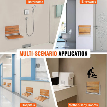 VEVOR Folding Oak Shower Seat, 16.1" x 13.4" Unfolded, Wall Mounted Fold Up Shower Bench with 440 lbs Load Capacity, Space Saving Home Care Fold Down Shower Chair, for Seniors Pregnant Women Children - View 5