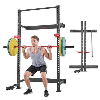 VEVOR Folding Power Cage, Wall-Mounted Power Rack Squat Rack, Multifunctional Strength Training Workout Equipment with Landmine Holder, Adjustable J-Hooks & Pull-Up Bar for Home Gym, 1000LBS Capacity