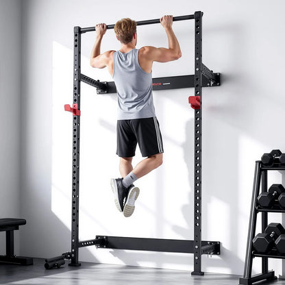 VEVOR Folding Power Cage, Wall-Mounted Power Rack Squat Rack, Multifunctional Strength Training Workout Equipment with Landmine Holder, Adjustable J-Hooks & Pull-Up Bar for Home Gym, 1000LBS Capacity - View 2