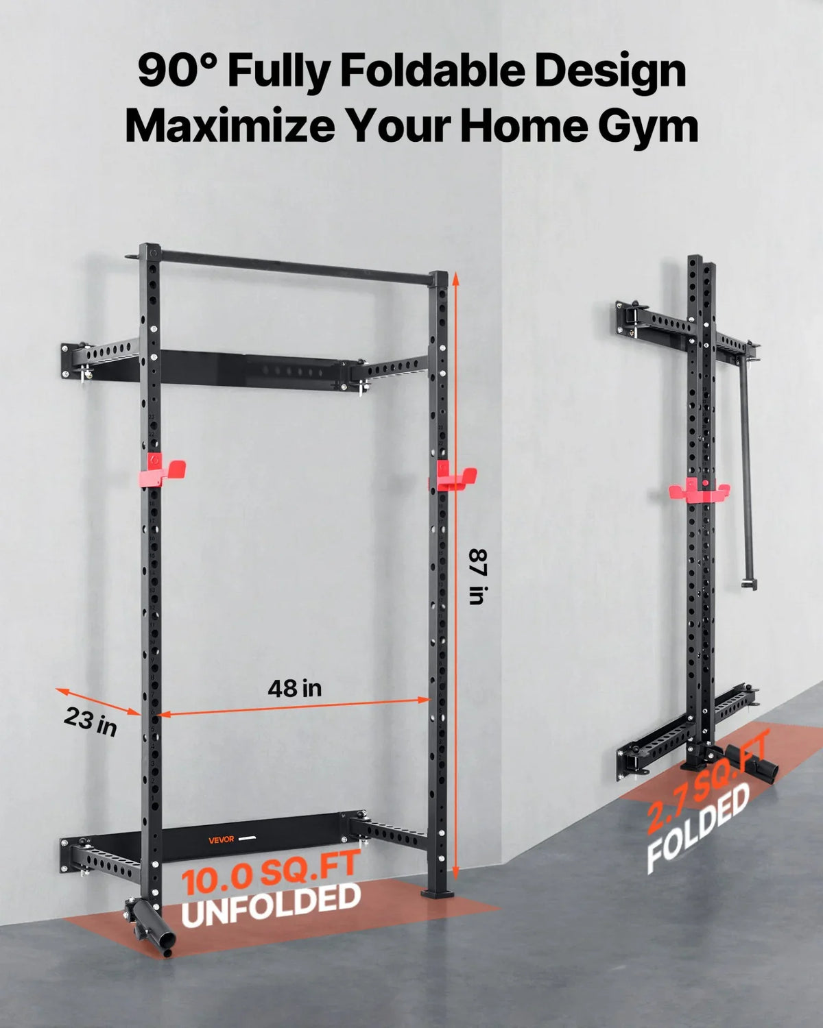 VEVOR Folding Power Cage, Wall-Mounted Power Rack Squat Rack, Multifunctional Strength Training Workout Equipment with Landmine Holder, Adjustable J-Hooks & Pull-Up Bar for Home Gym, 1000LBS Capacity - View 3