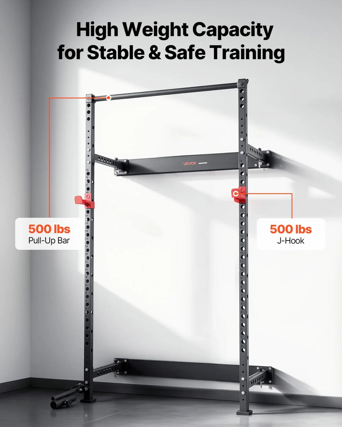 VEVOR Folding Power Cage, Wall-Mounted Power Rack Squat Rack, Multifunctional Strength Training Workout Equipment with Landmine Holder, Adjustable J-Hooks & Pull-Up Bar for Home Gym, 1000LBS Capacity - View 5