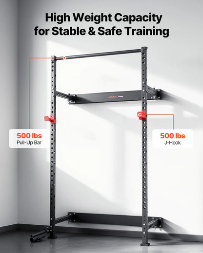 VEVOR Folding Power Cage, Wall-Mounted Power Rack Squat Rack, Multifunctional Strength Training Workout Equipment with Landmine Holder, Adjustable J-Hooks & Pull-Up Bar for Home Gym, 1000LBS Capacity - View 5