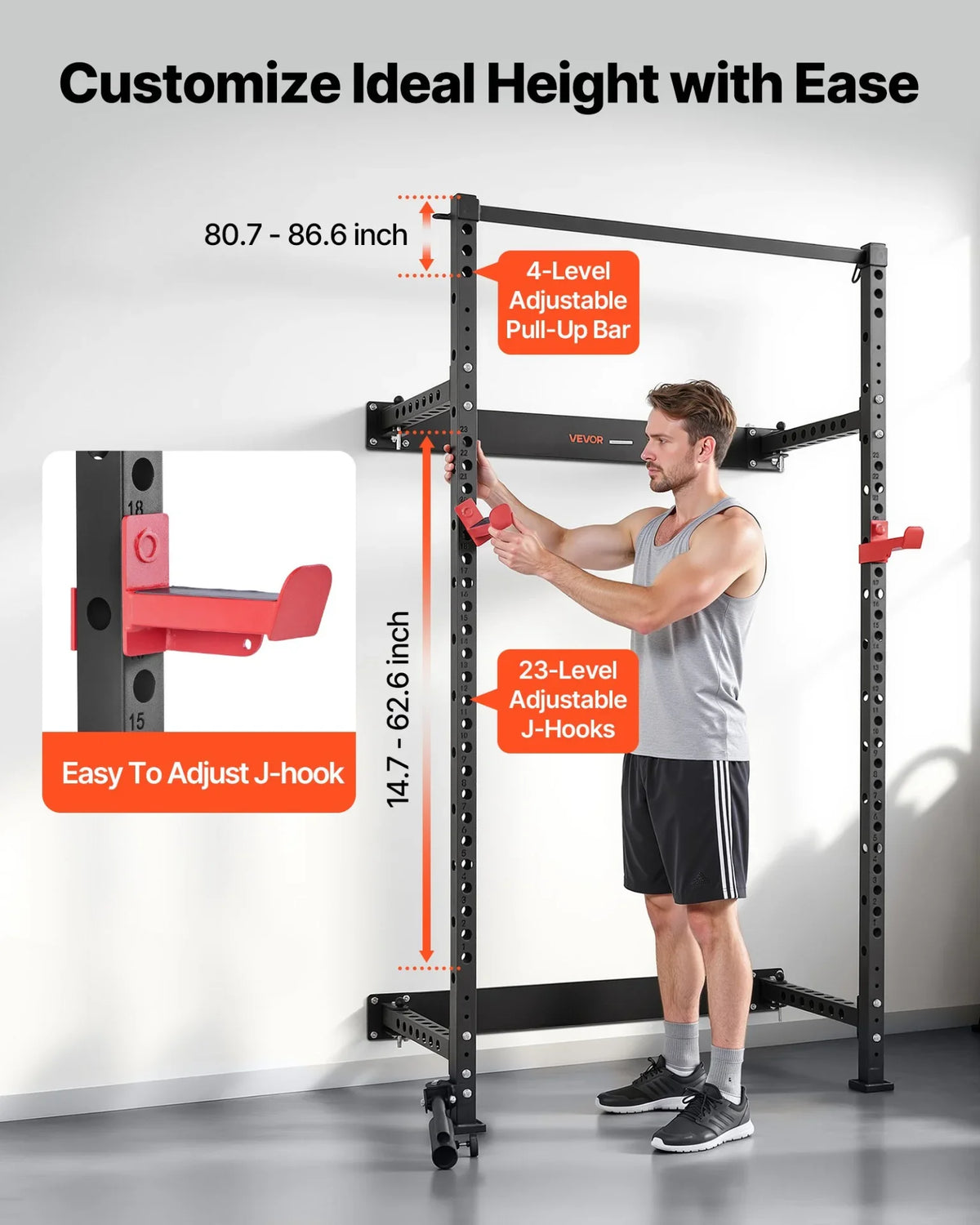 VEVOR Folding Power Cage, Wall-Mounted Power Rack Squat Rack, Multifunctional Strength Training Workout Equipment with Landmine Holder, Adjustable J-Hooks & Pull-Up Bar for Home Gym, 1000LBS Capacity - View 6