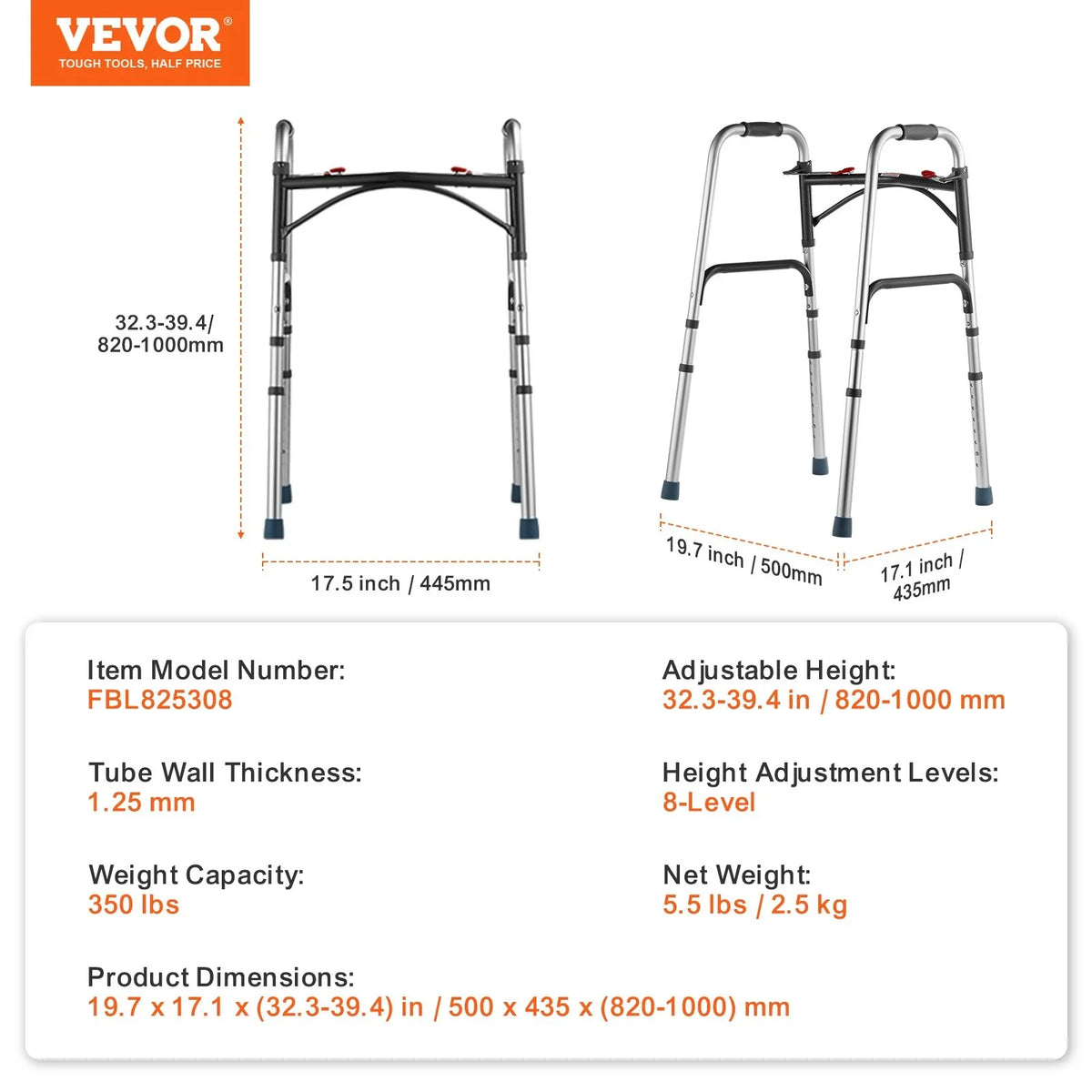 VEVOR Folding Walker Aluminum Mobility Walker Aid with Adjustable Height 350LBS - View 6