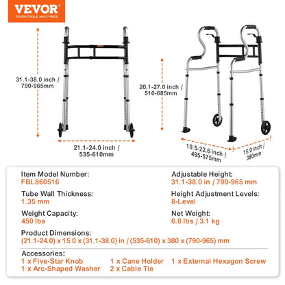 VEVOR Folding Walker Stand-Assist Folding Walkers with Adjustable Height & Width - View 7