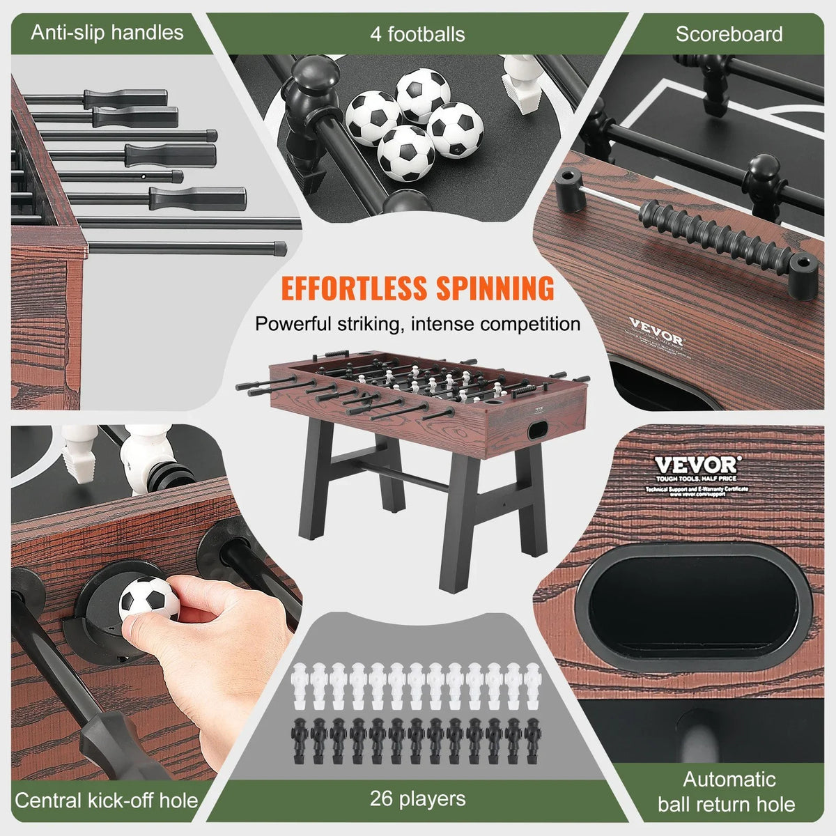 VEVOR Foosball Table, 55 inch Standard Size Foosball Table, Indoor Full Size Foosball Table for Home, Family, and Game Room, Soccer with Foosball Table Set, Includes 4 Balls and 2 Cup Holders - View 3