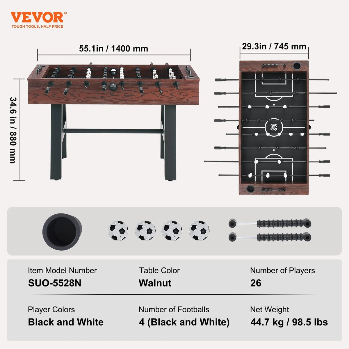 VEVOR Foosball Table, 55 inch Standard Size Foosball Table, Indoor Full Size Foosball Table for Home, Family, and Game Room, Soccer with Foosball Table Set, Includes 4 Balls and 2 Cup Holders - View 6