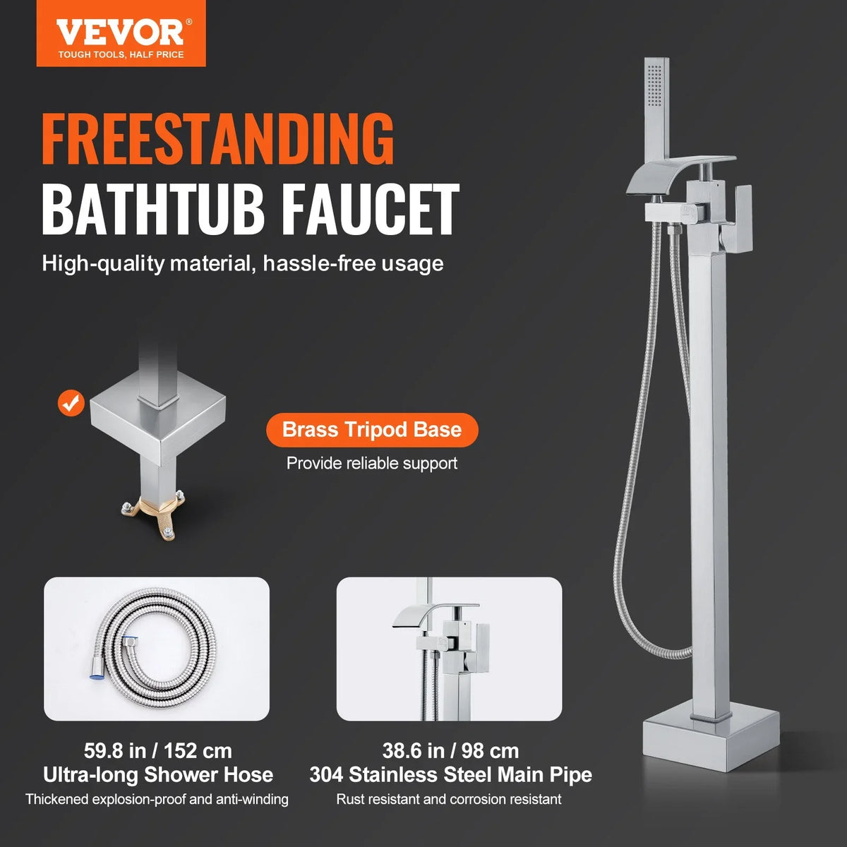 VEVOR Freestanding Bathtub Faucet, Floor Mount, Freestanding Tub Filler, Shower Mixer Taps, Two Water Modes, 360° Swivel Spout, for Bathing & Showering Pet Bathing Cleaning Drains Toilet Flushing - View 2