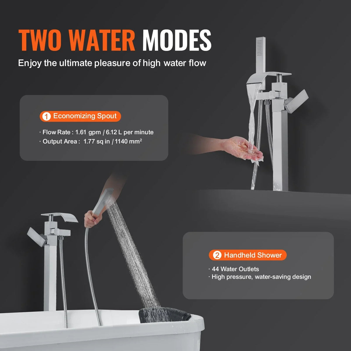 VEVOR Freestanding Bathtub Faucet, Floor Mount, Freestanding Tub Filler, Shower Mixer Taps, Two Water Modes, 360° Swivel Spout, for Bathing & Showering Pet Bathing Cleaning Drains Toilet Flushing - View 4