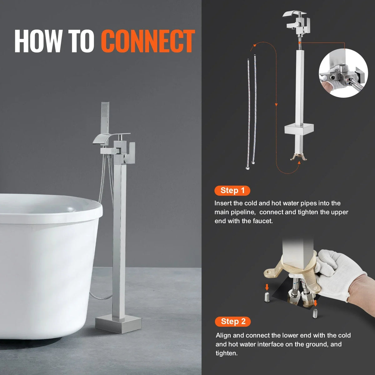 VEVOR Freestanding Bathtub Faucet, Floor Mount, Freestanding Tub Filler, Shower Mixer Taps, Two Water Modes, 360° Swivel Spout, for Bathing & Showering Pet Bathing Cleaning Drains Toilet Flushing - View 6