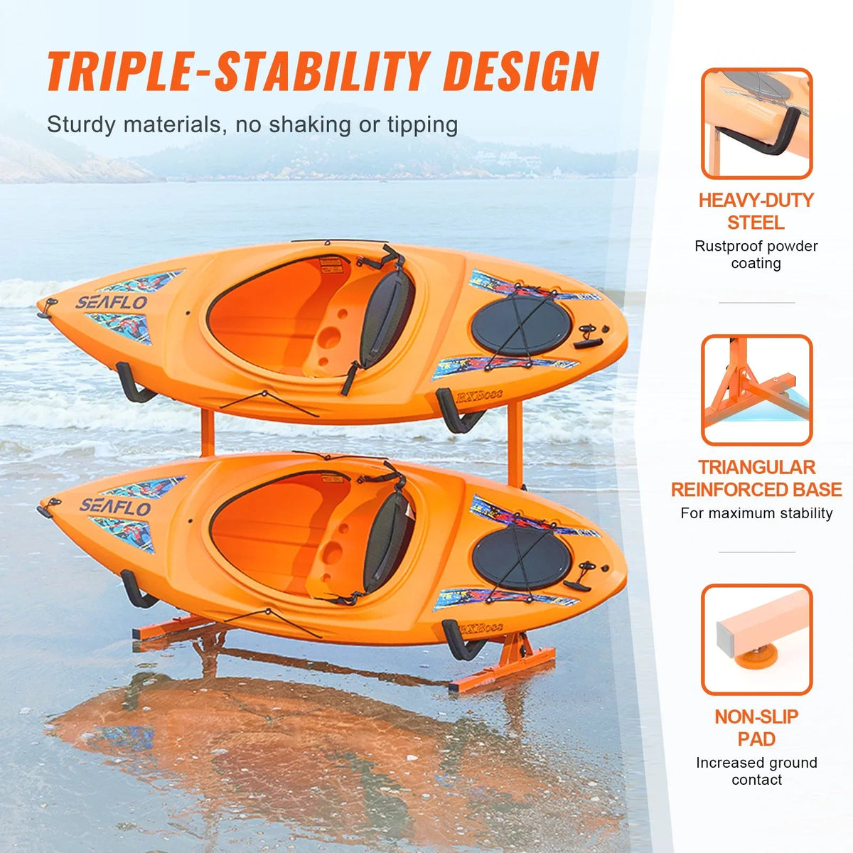 VEVOR Freestanding Kayak Storage Rack, Kayak Stand for 2 Kayak Canoe Paddleboard, Heavy-duty Steel Kayak Hanger Holder with Padded Arms and Adjustable Width, 175LBS Max Load, for Indoor Outdoor Garage - View 2