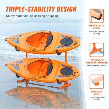VEVOR Freestanding Kayak Storage Rack, Kayak Stand for 2 Kayak Canoe Paddleboard, Heavy-duty Steel Kayak Hanger Holder with Padded Arms and Adjustable Width, 175LBS Max Load, for Indoor Outdoor Garage - View 2