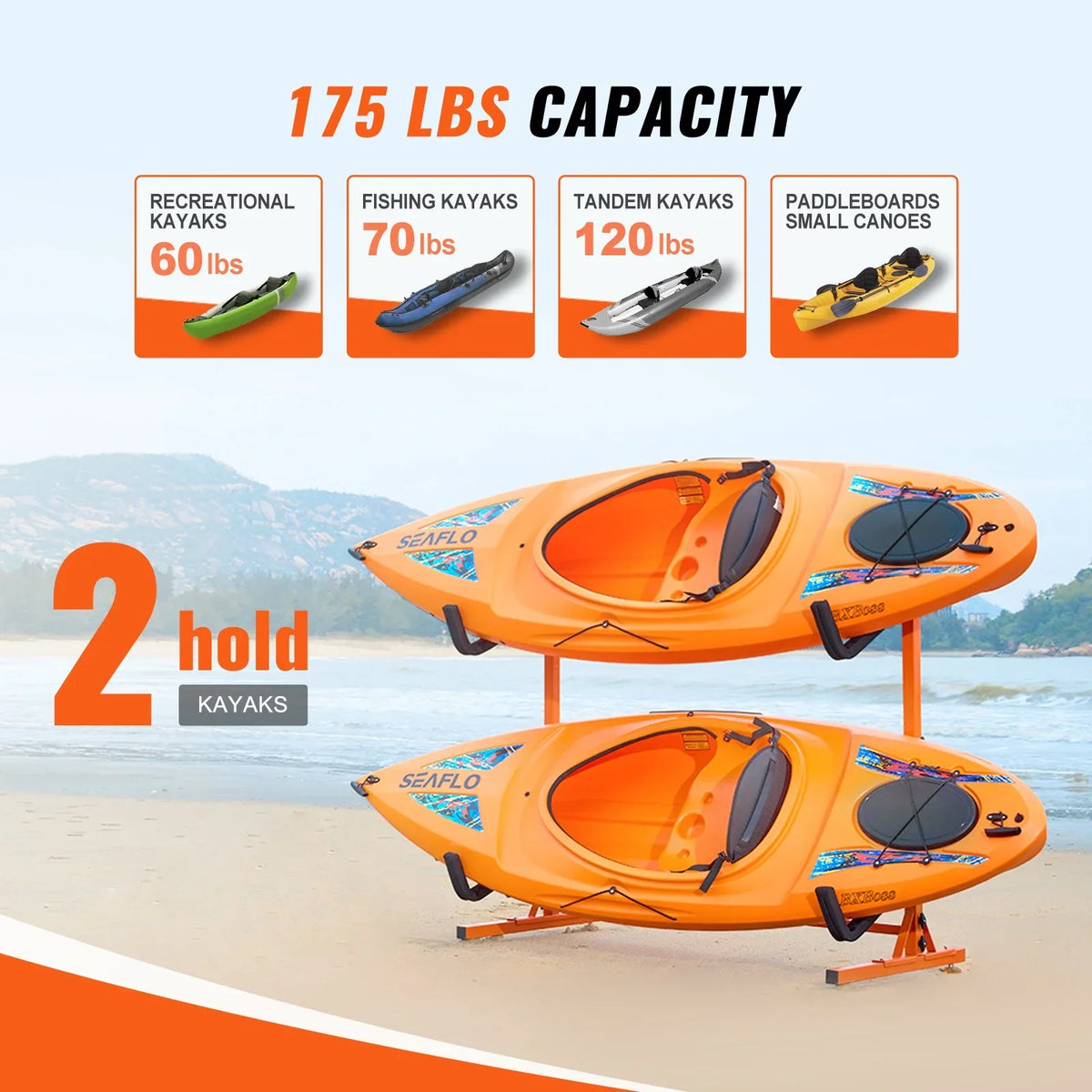 VEVOR Freestanding Kayak Storage Rack, Kayak Stand for 2 Kayak Canoe Paddleboard, Heavy-duty Steel Kayak Hanger Holder with Padded Arms and Adjustable Width, 175LBS Max Load, for Indoor Outdoor Garage - View 4