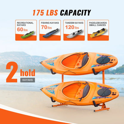 VEVOR Freestanding Kayak Storage Rack, Kayak Stand for 2 Kayak Canoe Paddleboard, Heavy-duty Steel Kayak Hanger Holder with Padded Arms and Adjustable Width, 175LBS Max Load, for Indoor Outdoor Garage - View 4