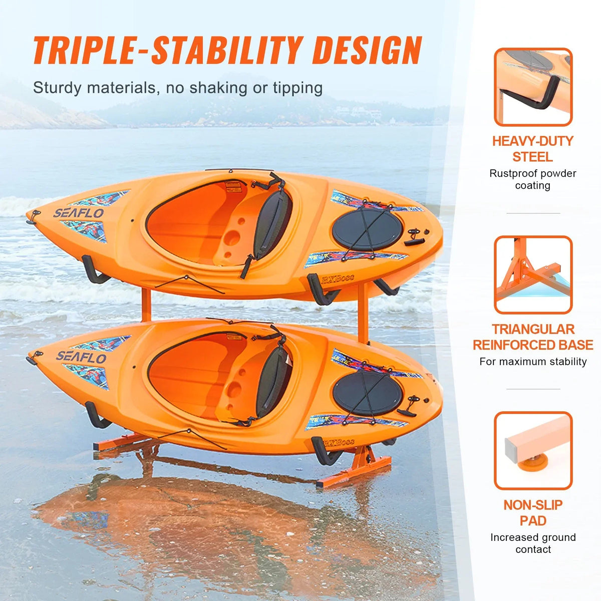 VEVOR Freestanding Kayak Storage Rack, Kayak Stand for 4 Kayak Canoe Paddleboard, Heavy-duty Steel Kayak Hanger Holder with Padded Arms and Adjustable Width, 220LBS Max Load, for Indoor Outdoor Garage - View 2