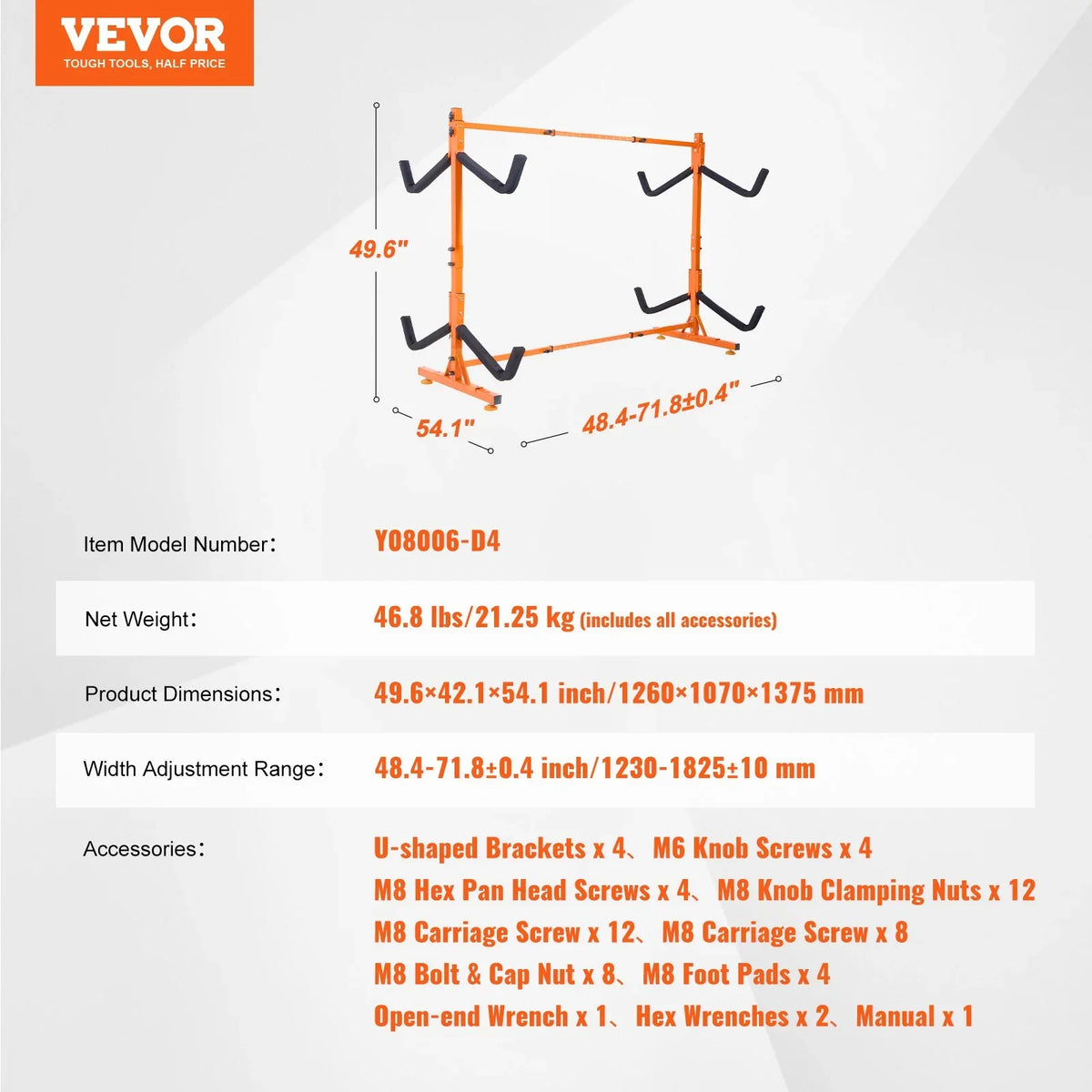 VEVOR Freestanding Kayak Storage Rack, Kayak Stand for 4 Kayak Canoe Paddleboard, Heavy-duty Steel Kayak Hanger Holder with Padded Arms and Adjustable Width, 220LBS Max Load, for Indoor Outdoor Garage - View 6