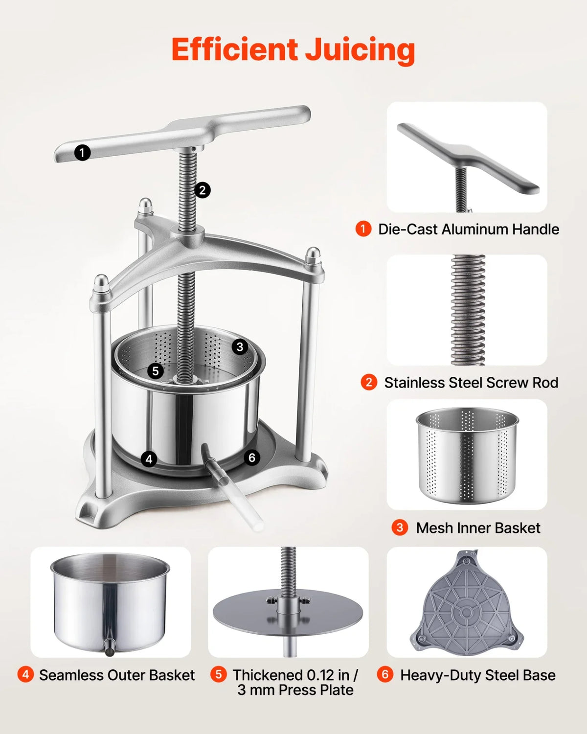 VEVOR Fruit Wine Press, 0.8 Gallon/3L, Stainless Steel Manual Juice Maker with Powerful T-Shaped Handle, Juice Making for Apple/Grape/Orange/Berry, Cheese/Tincture/Herbal Press, for Kitchen Home - View 4