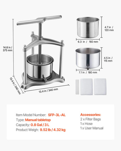 VEVOR Fruit Wine Press, 0.8 Gallon/3L, Stainless Steel Manual Juice Maker with Powerful T-Shaped Handle, Juice Making for Apple/Grape/Orange/Berry, Cheese/Tincture/Herbal Press, for Kitchen Home - View 6