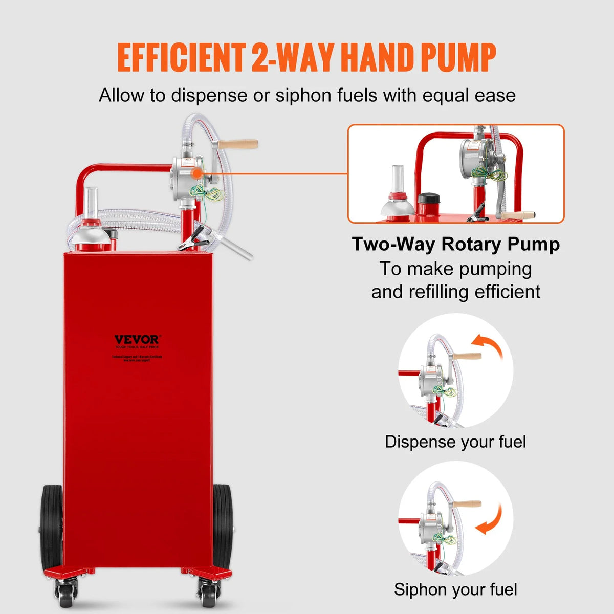 VEVOR Fuel Caddy, 35 Gallon, Gas Storage Tank on 4 Wheels, with Manuel Transfer Pump, Gasoline Diesel Fuel Container for Cars, Lawn Mowers, ATVs, Boats, More, Red - View 13