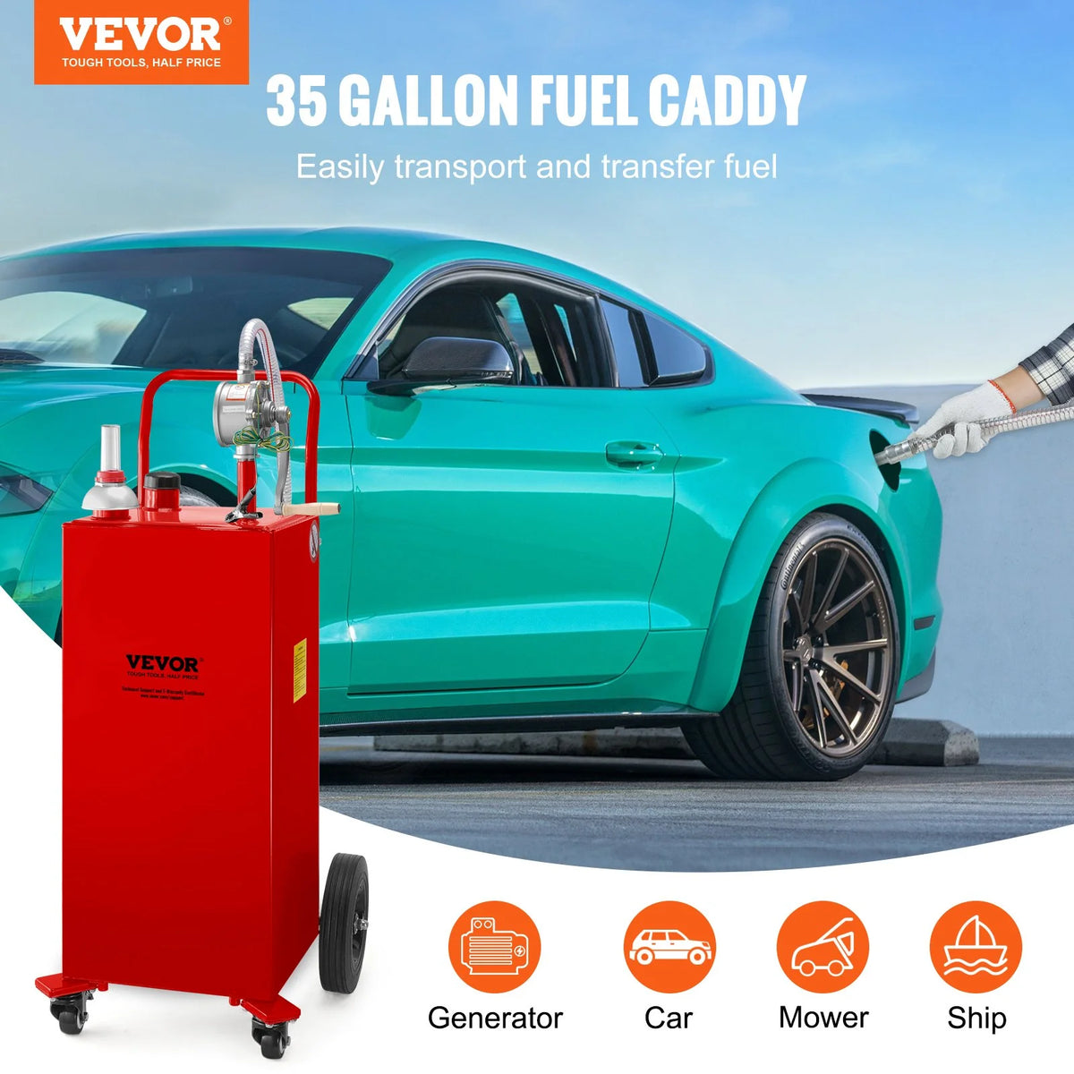 VEVOR Fuel Caddy, 35 Gallon, Gas Storage Tank on 4 Wheels, with Manuel Transfer Pump, Gasoline Diesel Fuel Container for Cars, Lawn Mowers, ATVs, Boats, More, Red - View 22