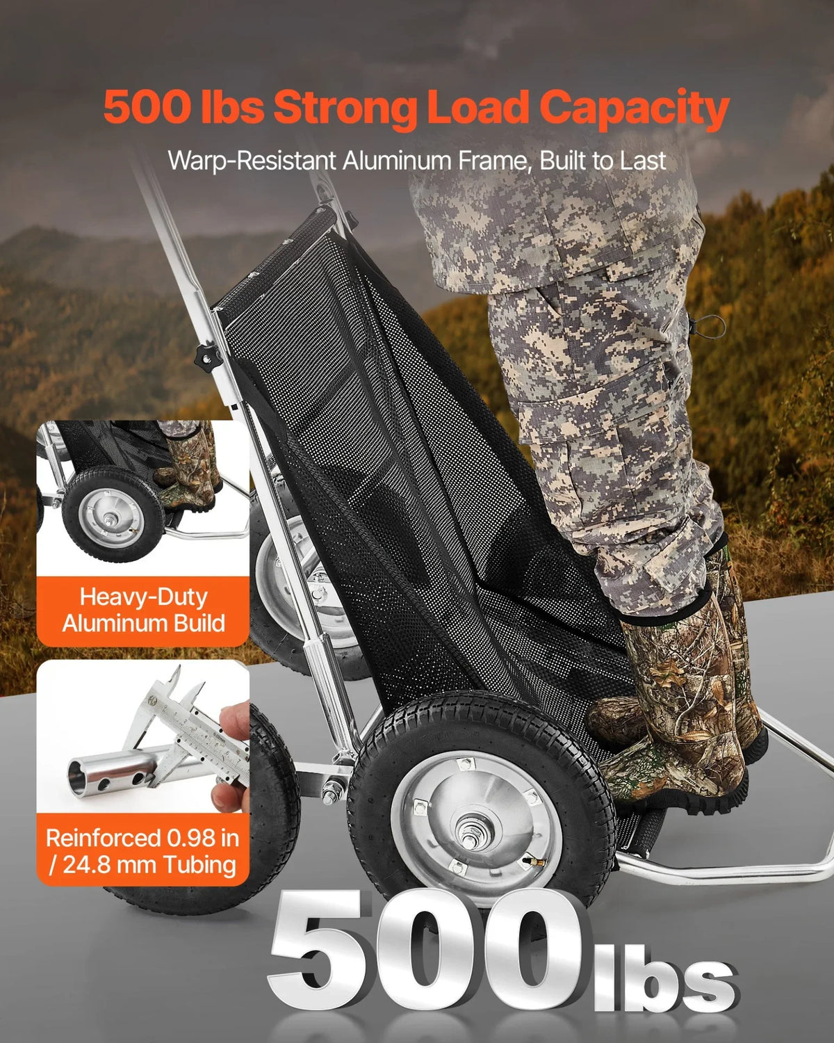 VEVOR Game Carts for Hunting, 500LBS Deer Cart Game Hauler, Heavy-Duty Crawler Cart, All-Terrain Folding Deer Hauling Cart with Shock-Absorbing Tires, Utility Gear Dolly for Hunting Fishing Hiking - View 2