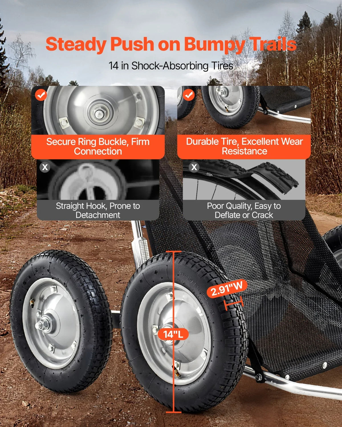 VEVOR Game Carts for Hunting, 500LBS Deer Cart Game Hauler, Heavy-Duty Crawler Cart, All-Terrain Folding Deer Hauling Cart with Shock-Absorbing Tires, Utility Gear Dolly for Hunting Fishing Hiking - View 3