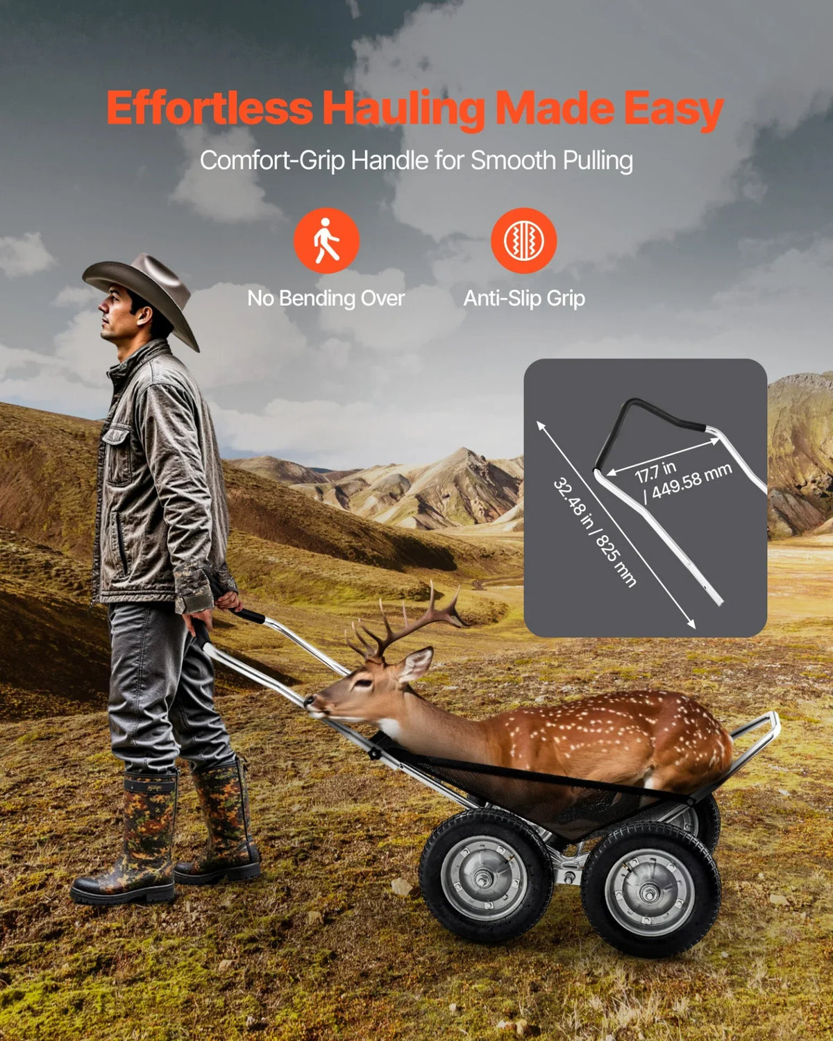 VEVOR Game Carts for Hunting, 500LBS Deer Cart Game Hauler, Heavy-Duty Crawler Cart, All-Terrain Folding Deer Hauling Cart with Shock-Absorbing Tires, Utility Gear Dolly for Hunting Fishing Hiking - View 5