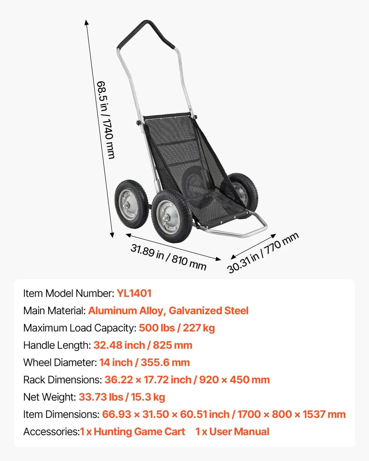 VEVOR Game Carts for Hunting, 500LBS Deer Cart Game Hauler, Heavy-Duty Crawler Cart, All-Terrain Folding Deer Hauling Cart with Shock-Absorbing Tires, Utility Gear Dolly for Hunting Fishing Hiking - View 7