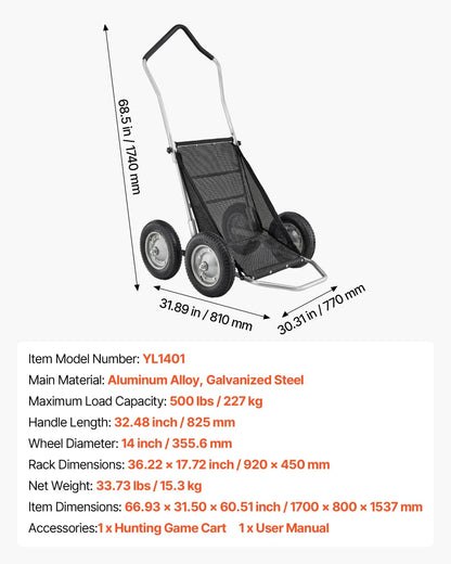 VEVOR Game Carts for Hunting, 500LBS Deer Cart Game Hauler, Heavy-Duty Crawler Cart, All-Terrain Folding Deer Hauling Cart with Shock-Absorbing Tires, Utility Gear Dolly for Hunting Fishing Hiking - View 7