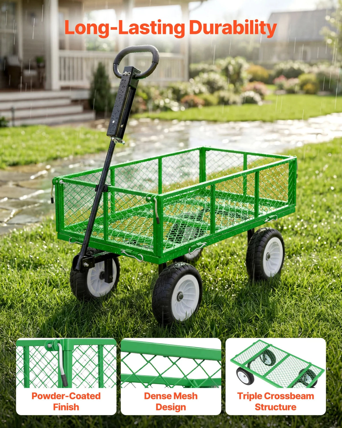 VEVOR Garden Cart, 900 LBS, Heavy Duty Steel Yard and Garden Utility Wagon with 10-Inch Tires, Outdoor Gardening Stool with Adjustable Handle, Detachable Side Panels, Attach to ATV or Tractor, Green - View 2