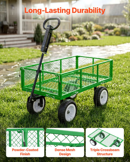 VEVOR Garden Cart, 900 LBS, Heavy Duty Steel Yard and Garden Utility Wagon with 10-Inch Tires, Outdoor Gardening Stool with Adjustable Handle, Detachable Side Panels, Attach to ATV or Tractor, Green - View 2