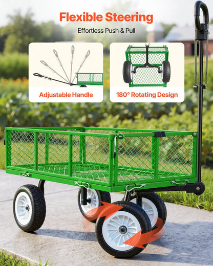 VEVOR Garden Cart, 900 LBS, Heavy Duty Steel Yard and Garden Utility Wagon with 10-Inch Tires, Outdoor Gardening Stool with Adjustable Handle, Detachable Side Panels, Attach to ATV or Tractor, Green - View 5
