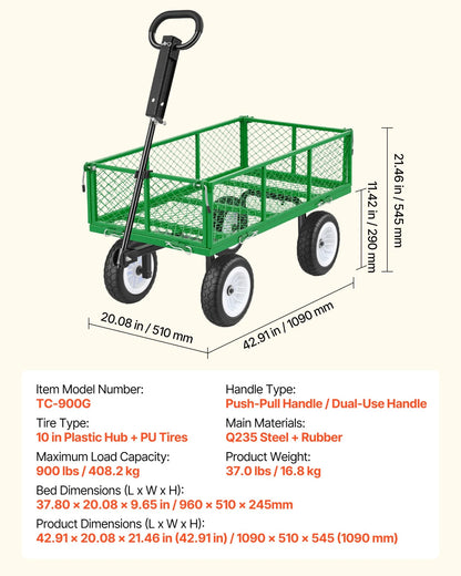 VEVOR Garden Cart, 900 LBS, Heavy Duty Steel Yard and Garden Utility Wagon with 10-Inch Tires, Outdoor Gardening Stool with Adjustable Handle, Detachable Side Panels, Attach to ATV or Tractor, Green - View 6