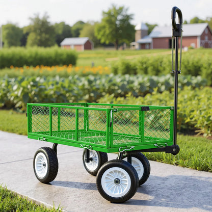 VEVOR Garden Cart, 900 LBS, Heavy Duty Steel Yard and Garden Utility Wagon with 10-Inch Tires, Outdoor Gardening Stool with Adjustable Handle, Detachable Side Panels, Attach to ATV or Tractor, Green - View 7