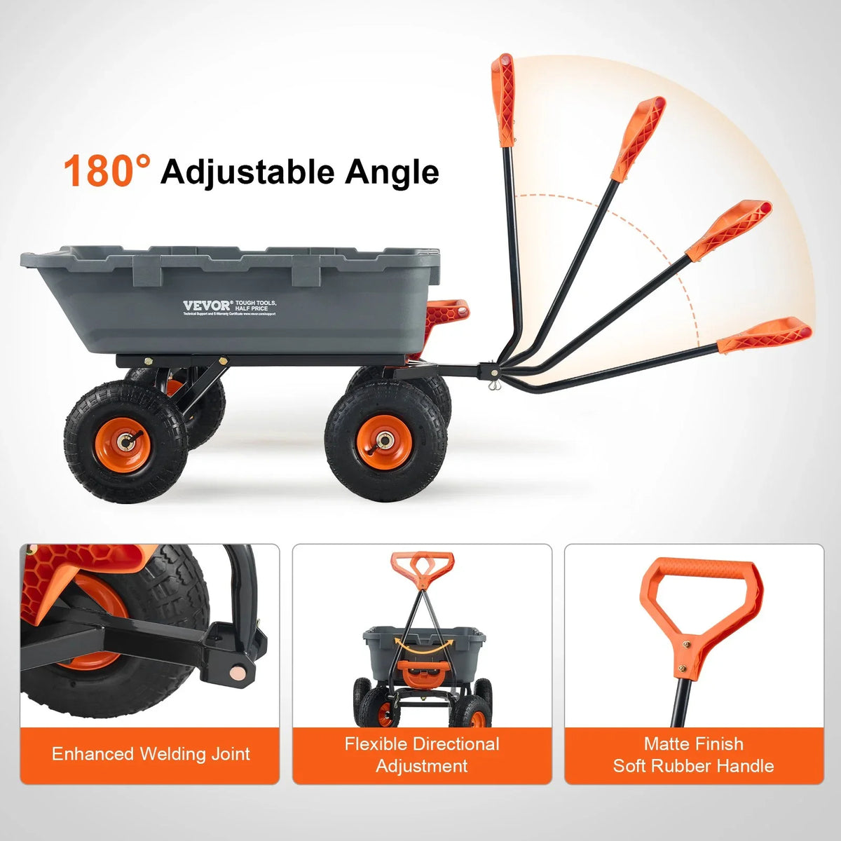 VEVOR Garden Cart, Durable Poly Dump Cart with Simple Assembly Steel Structure, Versatile Dump Wagon with Dual-Function Handle, Handy Wheelbarrow with 800 lbs Load Capacity, 10 inch Wheels - View 6