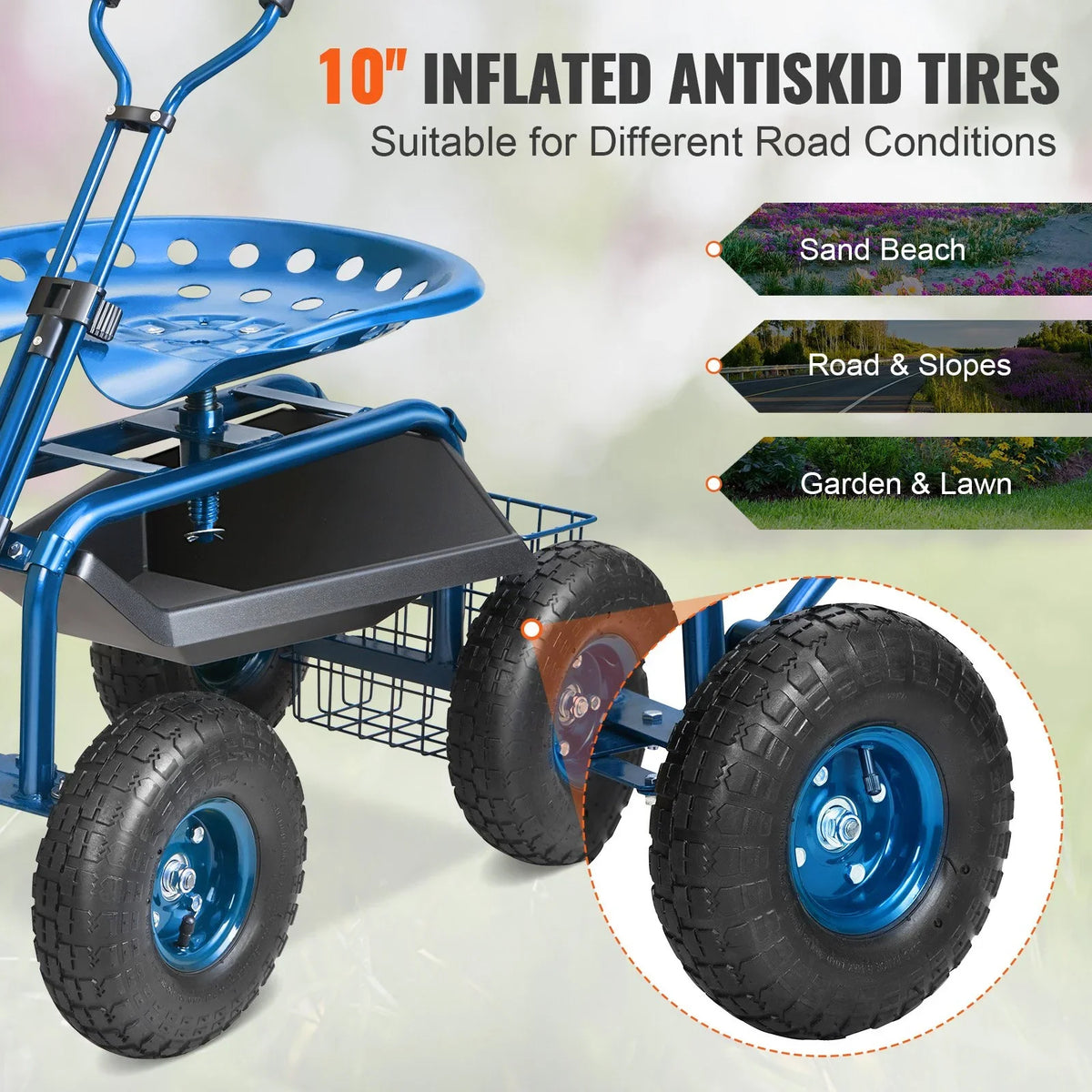 VEVOR Garden Cart Rolling Workseat with Wheels, Gardening Stool for Planting, 360 Degree Swivel Seat, Wagon Scooter with Steering Handle & Utility Tool Tray, Use for Patio, Yard, and Outdoors, Blue - View 3