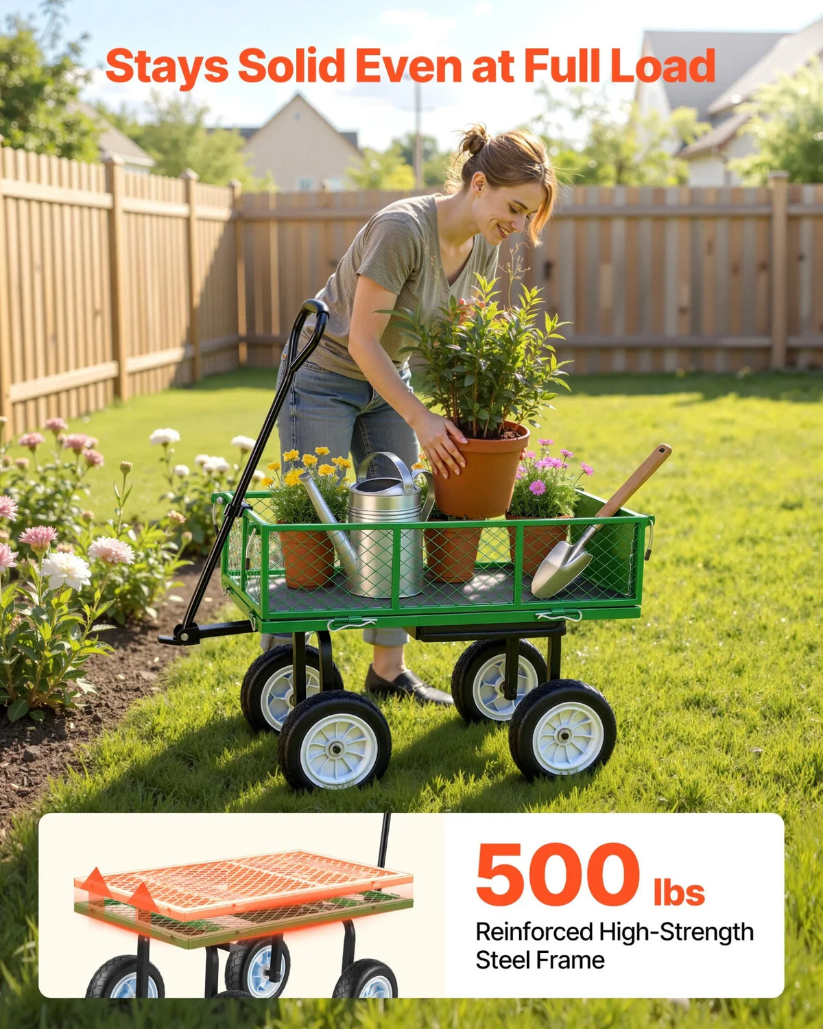 VEVOR Garden Cart with Seat, 500 LBS, Rolling Steel Garden Work Seat with Wheels, Heavy Duty Gardening Stool, with Tool Tray & Adjustable Handle, Outdoor Yard Wagon, for Lawn, Patio, Backyard, Green - View 2