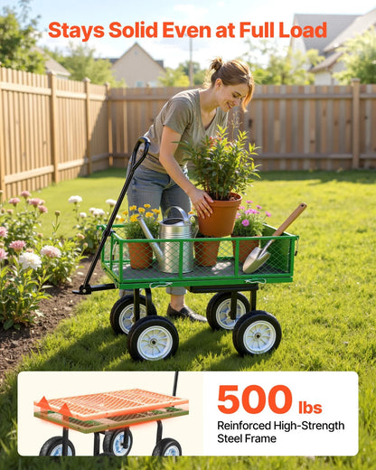 VEVOR Garden Cart with Seat, 500 LBS, Rolling Steel Garden Work Seat with Wheels, Heavy Duty Gardening Stool, with Tool Tray & Adjustable Handle, Outdoor Yard Wagon, for Lawn, Patio, Backyard, Green - View 2