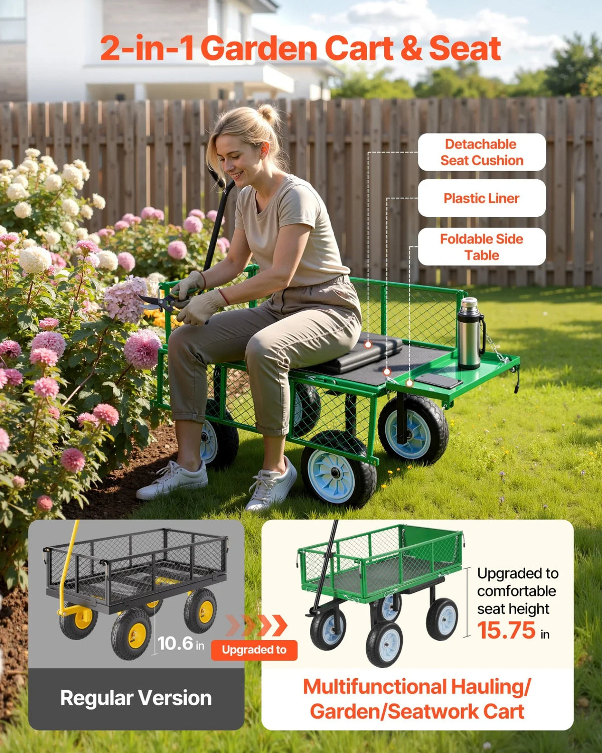 VEVOR Garden Cart with Seat, 500 LBS, Rolling Steel Garden Work Seat with Wheels, Heavy Duty Gardening Stool, with Tool Tray & Adjustable Handle, Outdoor Yard Wagon, for Lawn, Patio, Backyard, Green - View 3