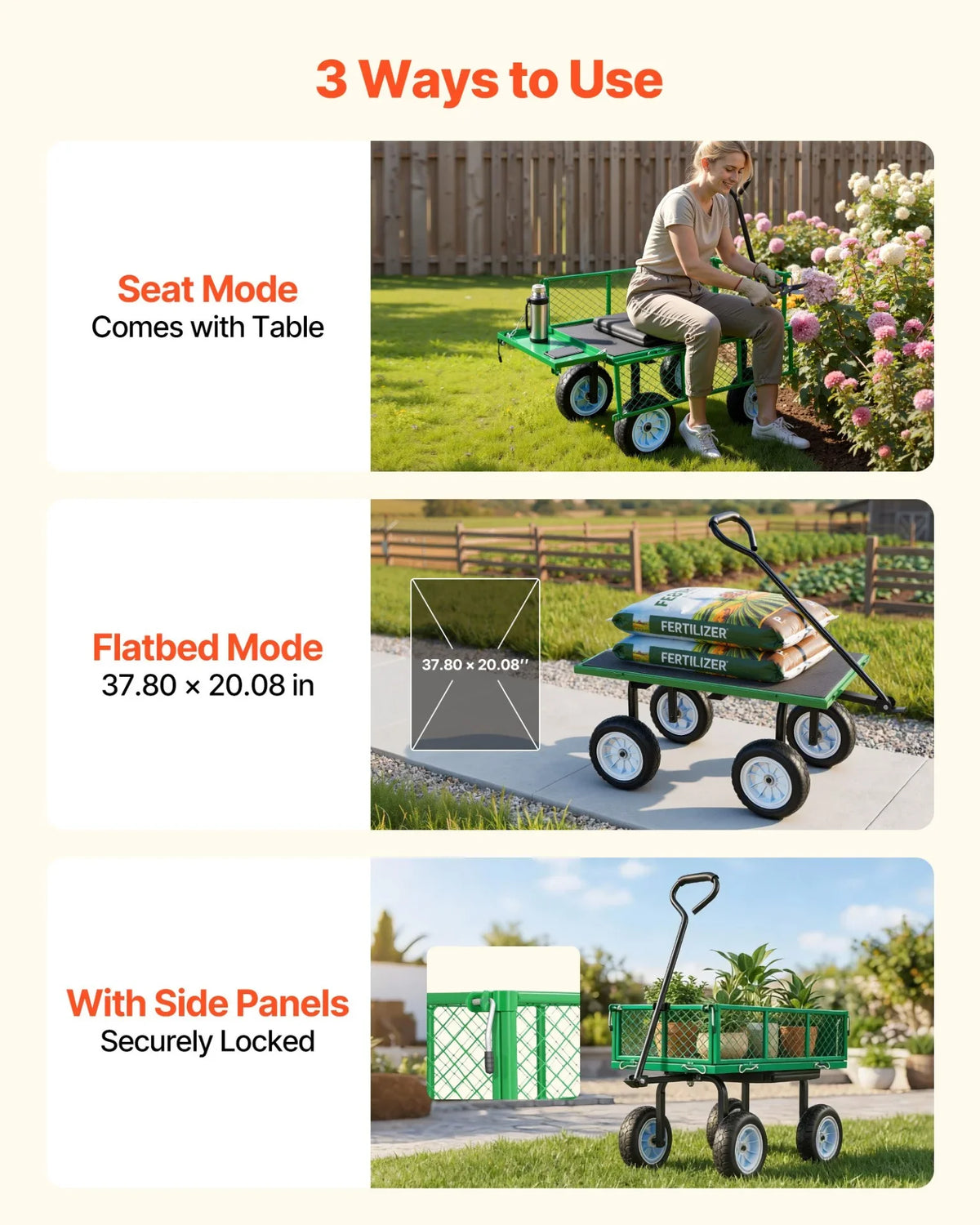 VEVOR Garden Cart with Seat, 500 LBS, Rolling Steel Garden Work Seat with Wheels, Heavy Duty Gardening Stool, with Tool Tray & Adjustable Handle, Outdoor Yard Wagon, for Lawn, Patio, Backyard, Green - View 5