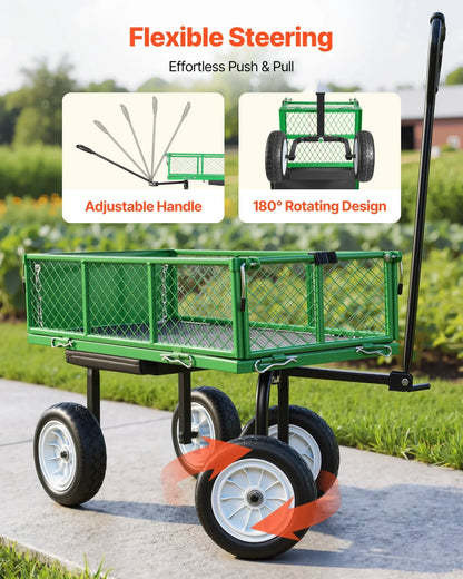 VEVOR Garden Cart with Seat, 500 LBS, Rolling Steel Garden Work Seat with Wheels, Heavy Duty Gardening Stool, with Tool Tray & Adjustable Handle, Outdoor Yard Wagon, for Lawn, Patio, Backyard, Green - View 6