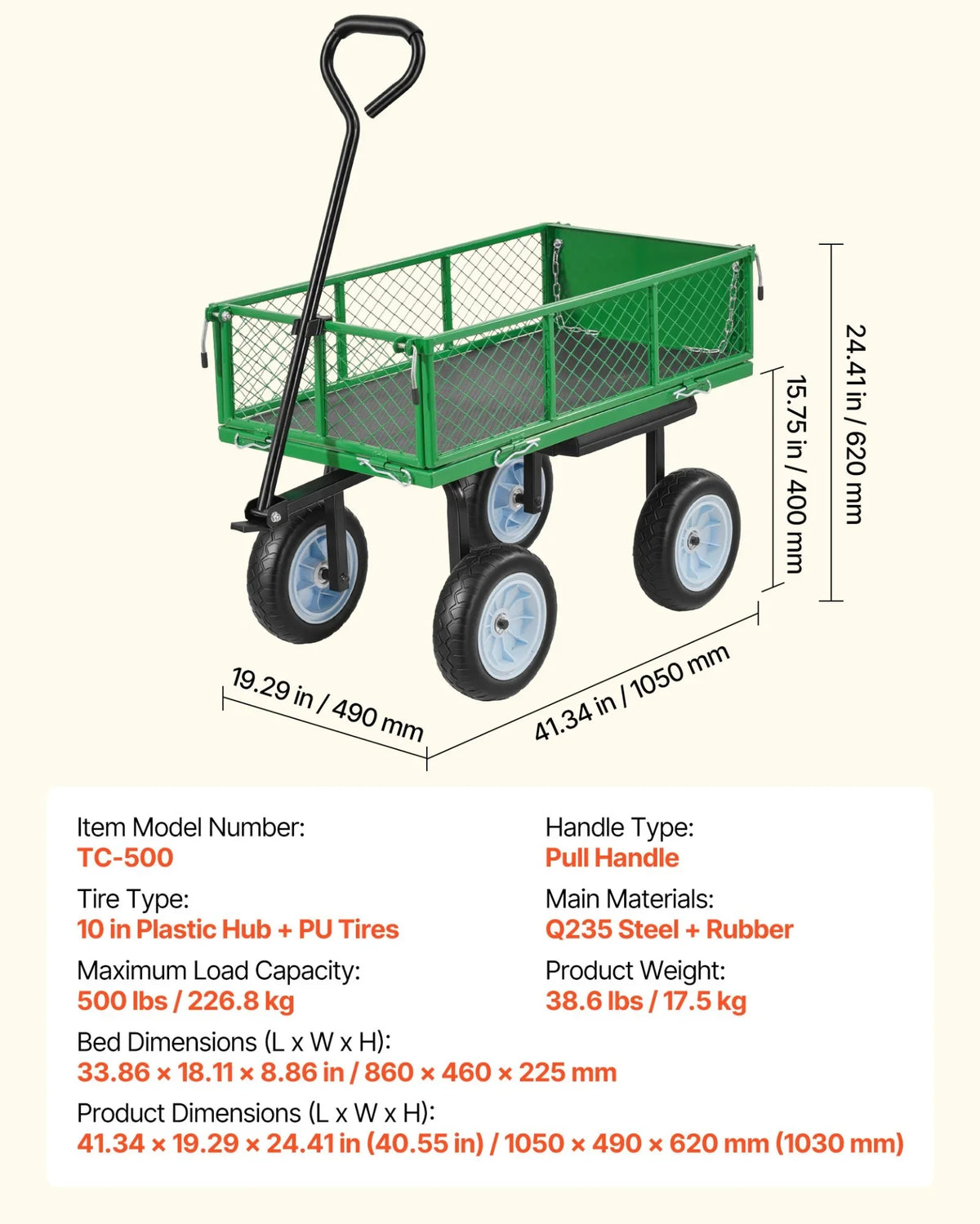 VEVOR Garden Cart with Seat, 500 LBS, Rolling Steel Garden Work Seat with Wheels, Heavy Duty Gardening Stool, with Tool Tray & Adjustable Handle, Outdoor Yard Wagon, for Lawn, Patio, Backyard, Green - View 7