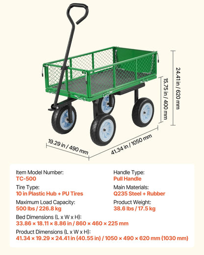 VEVOR Garden Cart with Seat, 500 LBS, Rolling Steel Garden Work Seat with Wheels, Heavy Duty Gardening Stool, with Tool Tray & Adjustable Handle, Outdoor Yard Wagon, for Lawn, Patio, Backyard, Green - View 7