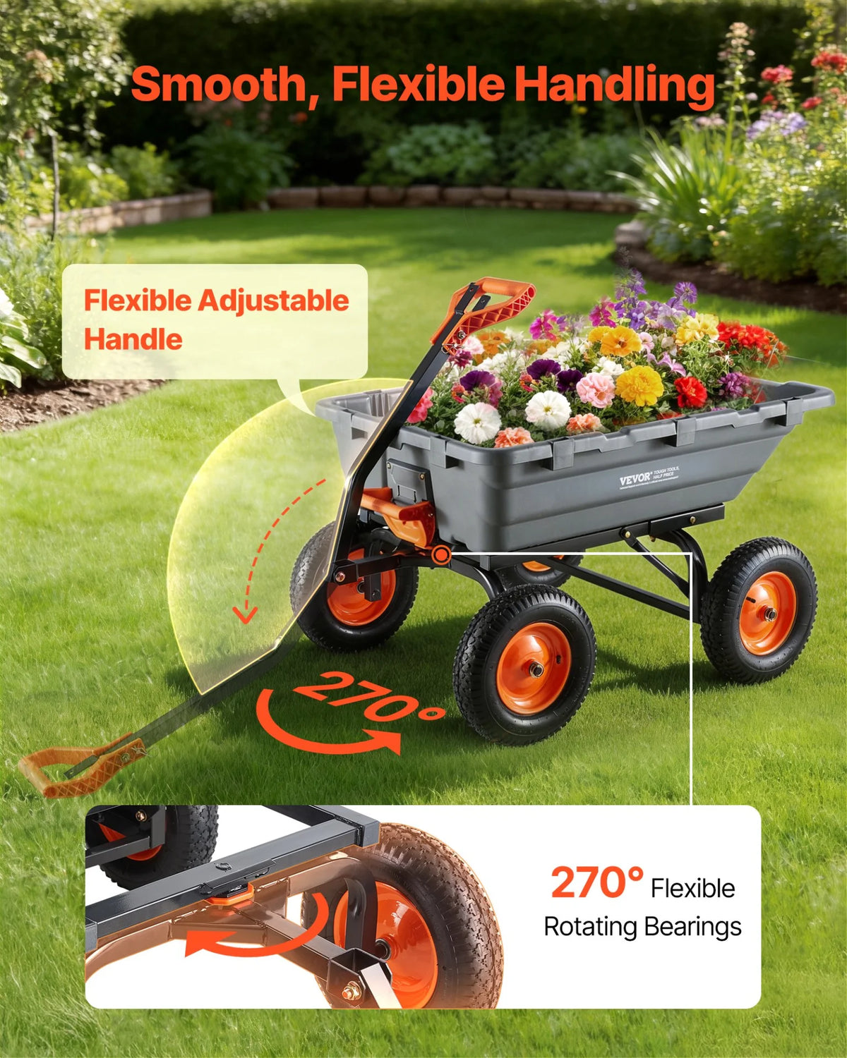 VEVOR Garden Dump Cart, 1500 lbs Poly Dump Cart, Garden Carts Dumps Wagon with 90° Quick-Dumps Mechanism, Adjustable Handle, 270° Flexible Rotating Bearings, Yard Wagon for Plants, Soil, Crops - View 5
