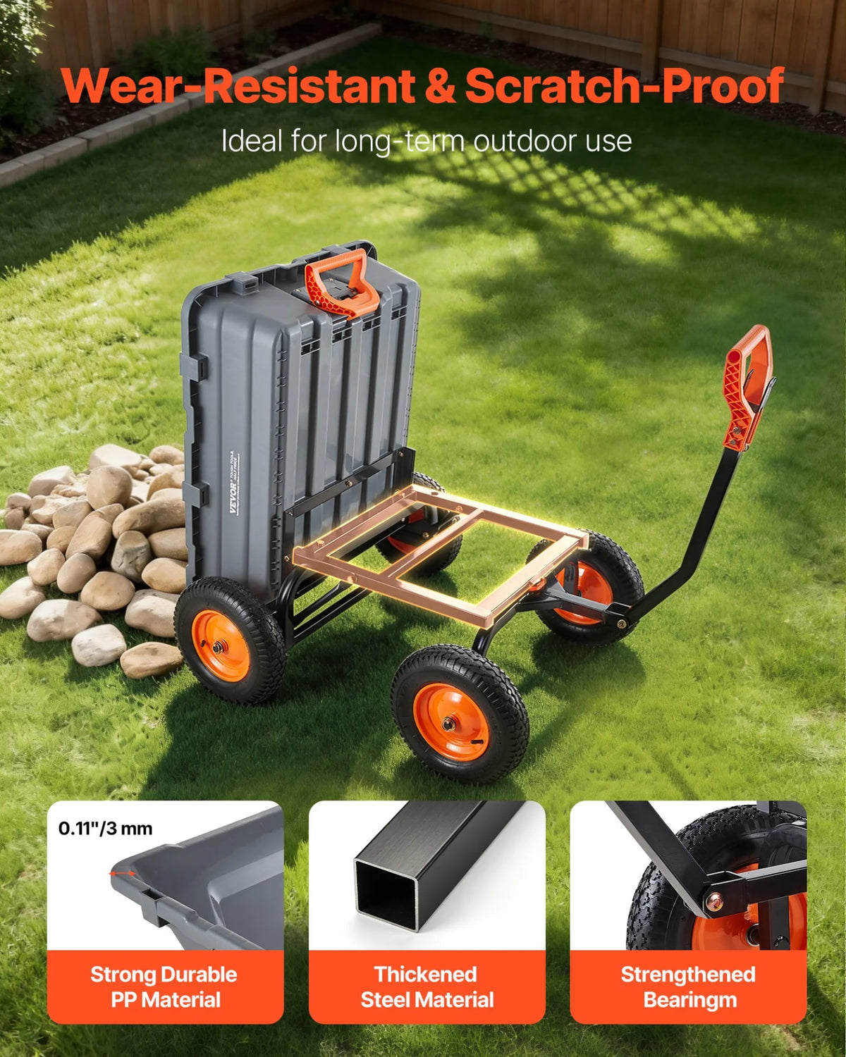 VEVOR Garden Dump Cart, 1500 lbs Poly Dump Cart, Garden Carts Dumps Wagon with 90° Quick-Dumps Mechanism, Adjustable Handle, 270° Flexible Rotating Bearings, Yard Wagon for Plants, Soil, Crops - View 6
