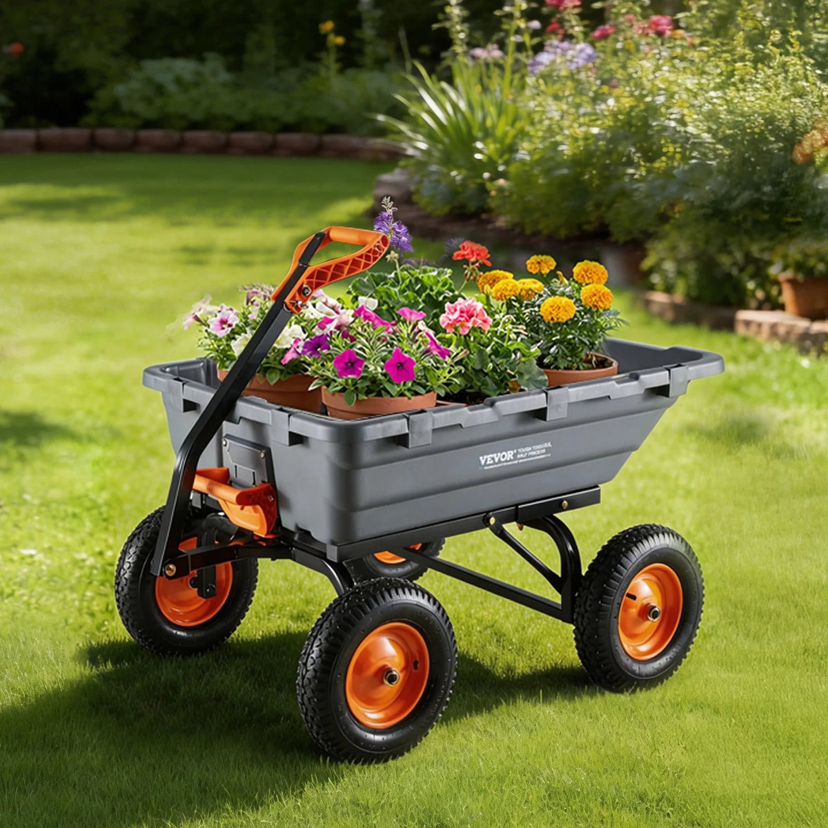 VEVOR Garden Dump Cart, 1500 lbs Poly Dump Cart, Garden Carts Dumps Wagon with 90° Quick-Dumps Mechanism, Adjustable Handle, 270° Flexible Rotating Bearings, Yard Wagon for Plants, Soil, Crops - View 7