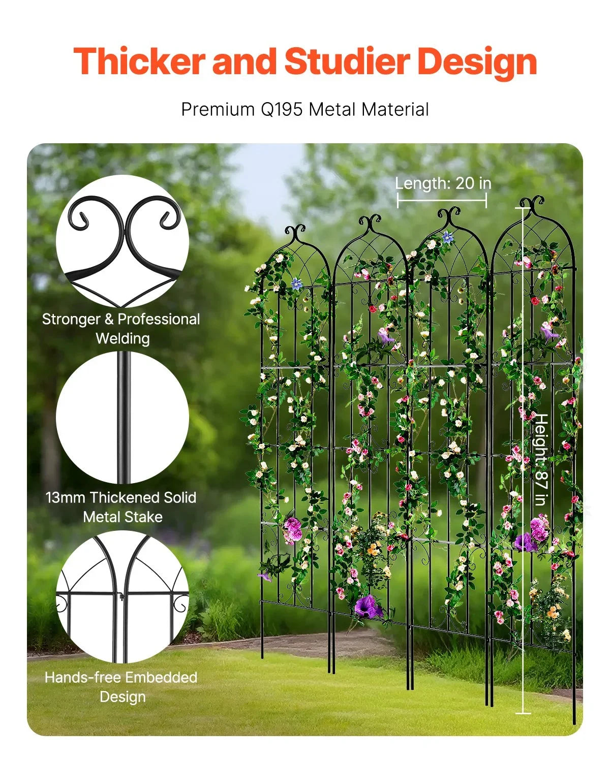 VEVOR Garden Trellis for Climbing Plants, 87 x 20 in, 4 Packs Rustproof Metal Garden Flower Trellis, Outdoor Climbing Rose Trellis Cucumbers Support, Decorative Clematis Trellis for Courtyards Lawns - View 11