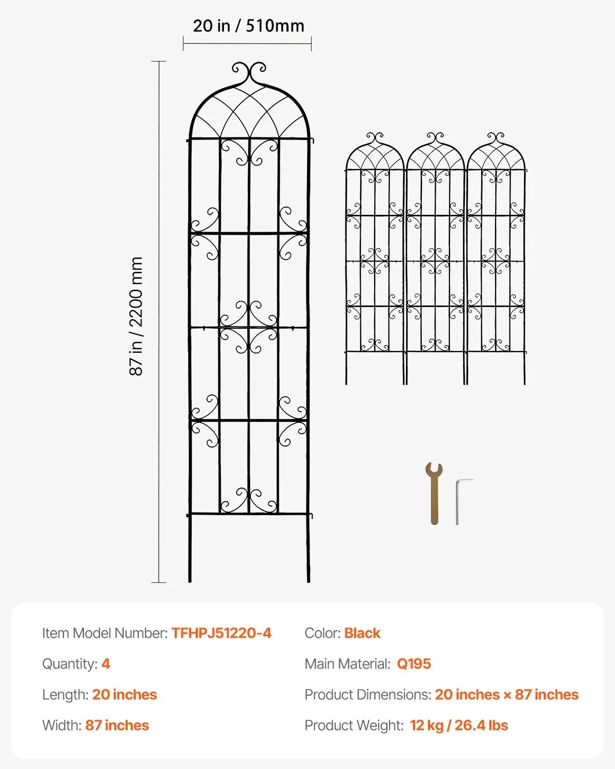 VEVOR Garden Trellis for Climbing Plants, 87 x 20 in, 4 Packs Rustproof Metal Garden Flower Trellis, Outdoor Climbing Rose Trellis Cucumbers Support, Decorative Clematis Trellis for Courtyards Lawns - View 15
