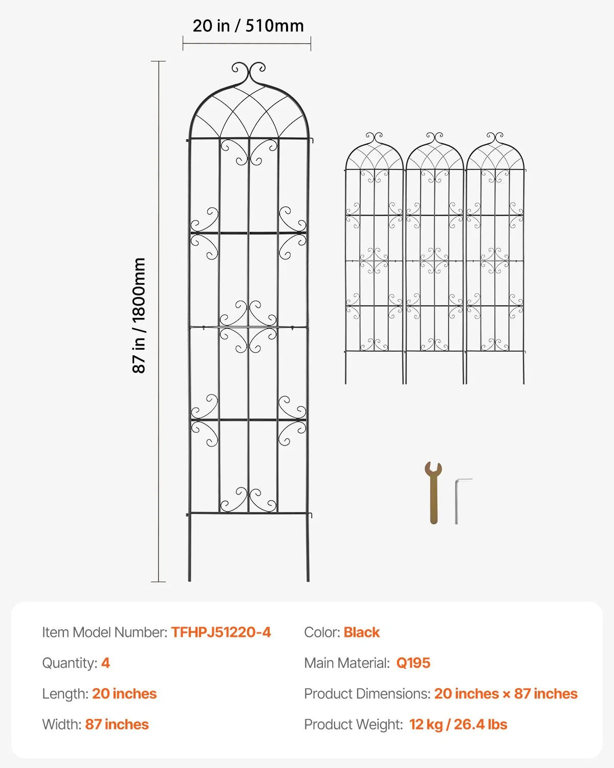 VEVOR Garden Trellis for Climbing Plants, 87 x 20 in, 4 Packs Rustproof Metal Garden Flower Trellis, Outdoor Climbing Rose Trellis Cucumbers Support, Decorative Clematis Trellis for Courtyards Lawns - View 6